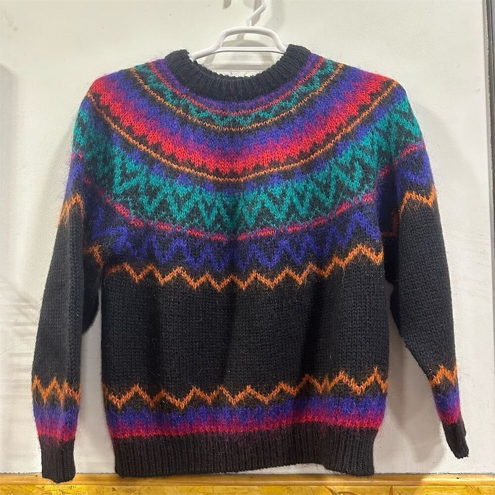 Vintage 80s Le Moda Women's M Multicolor Fair Isle Mohair Sweater - Picture 1 of 3